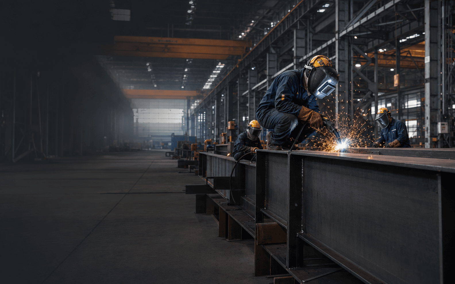 Welders fitting up a structural steel assembly inside the covered workshop